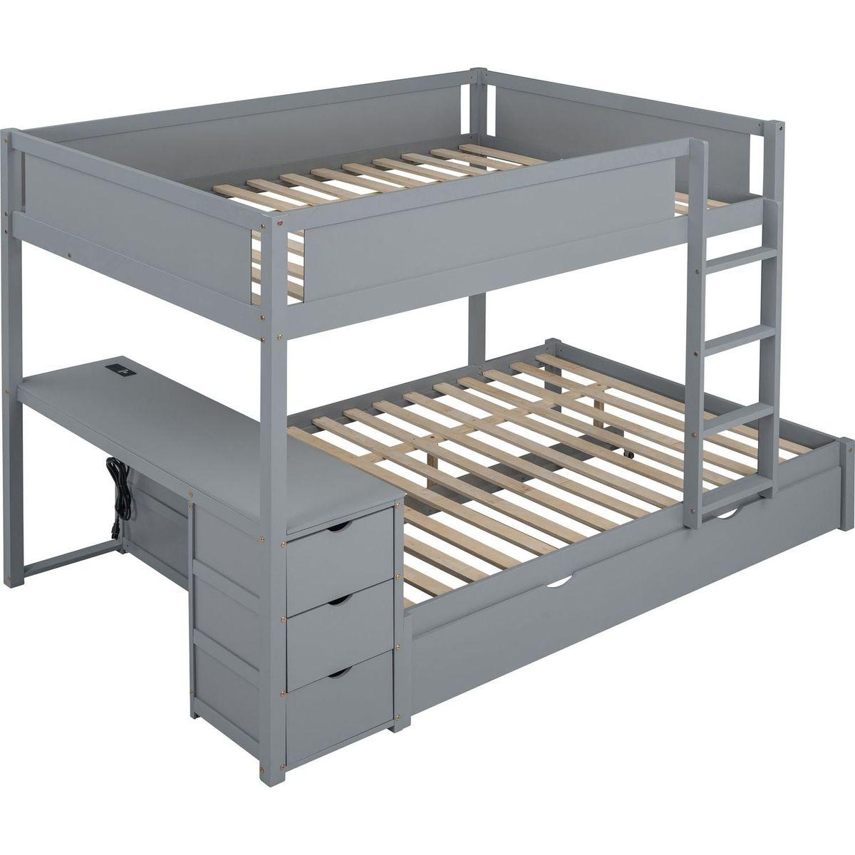 Full-Over-Full Bunk Bed with Twin size Trundle, Storage and Desk, Gray