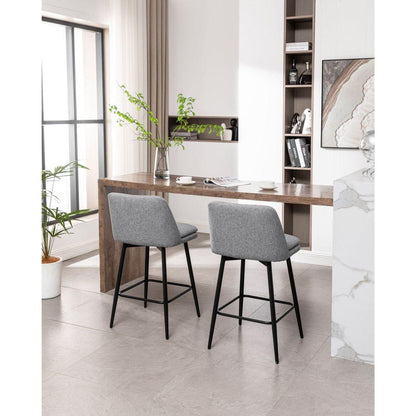 Counter Height Swivel Bar Stools Set of 2, 360 Swivel Upholstered Barstools with Back and Metal Legs, 25.6" Seat Height,Counter Stools for Kitchen Island and Pub,Linen Cloth,Grey