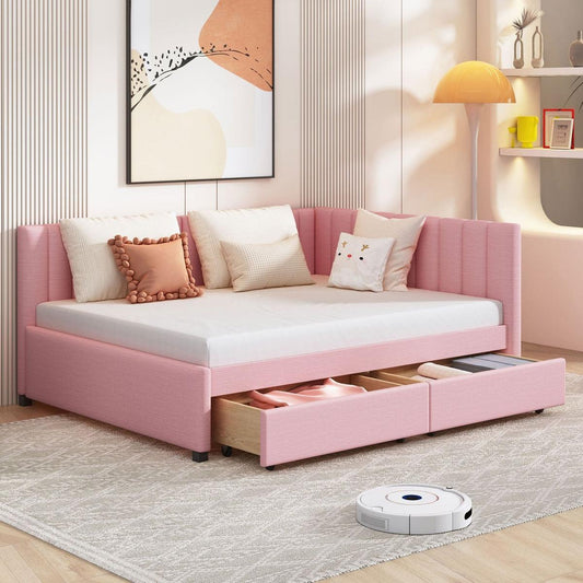 Full Size Upholstered Daybed with 2 Storage Drawers Sofa Bed Frame No Box Spring Needed, Linen Fabric (Pink)