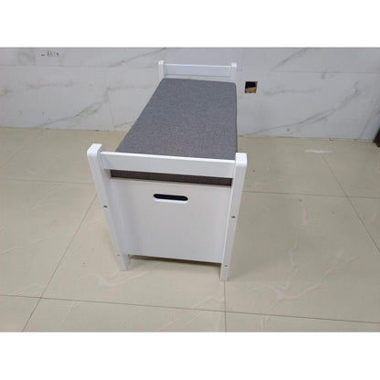 Kids Toy Box Chest, White Rubber Wood Toy Box for Boys Girls, Large Storage Cabinet with Cushion Seat Bench/Flip-Top Lid/Safety Hinge, Toy Storage Organizer Trunk for Nursery, Playroom