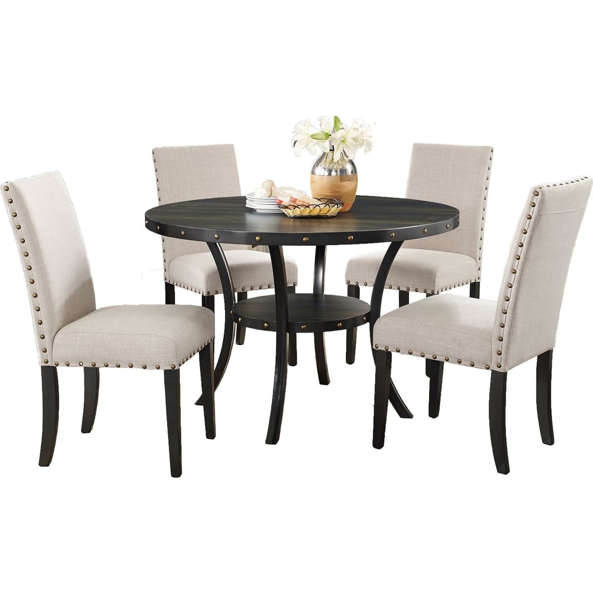Biony Espresso Wood Dining Set with Tan Fabric Nailhead Chairs