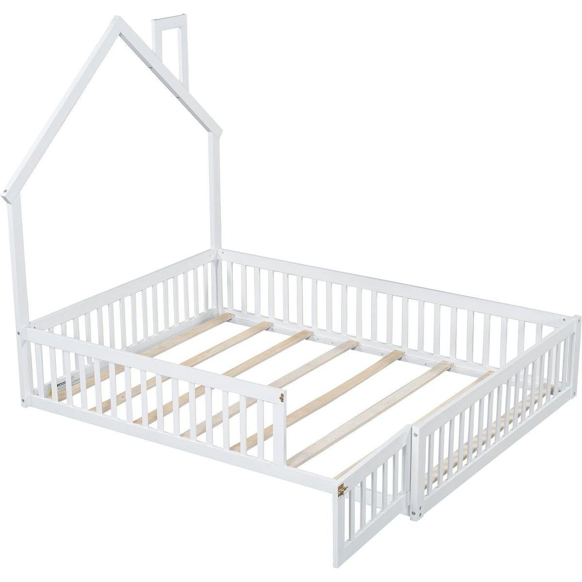 Wood Full Size House Platform Bed with Guardrail, White