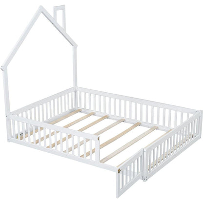 Wood Full Size House Platform Bed with Guardrail, White