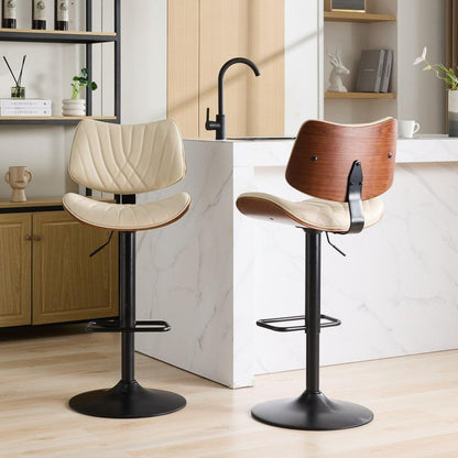 Walnut Bentwood Bar Stools Mid Century Modern Adjustable Counter Height Black Leather Upholstered 360Swivel Bar Chairs for Kitchen Island/Dining Room/Cafe, 1 chair/1carton,Beige