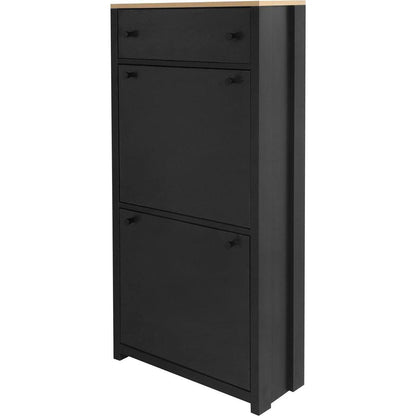 Slim Shoe Cabinet Set with 4 Flip Drawers, Wood Grain Pattern Top Shoe Storage Solution with Adjustable Panel, Modern Style Shoe Rack with Drawers for Hallway, Black