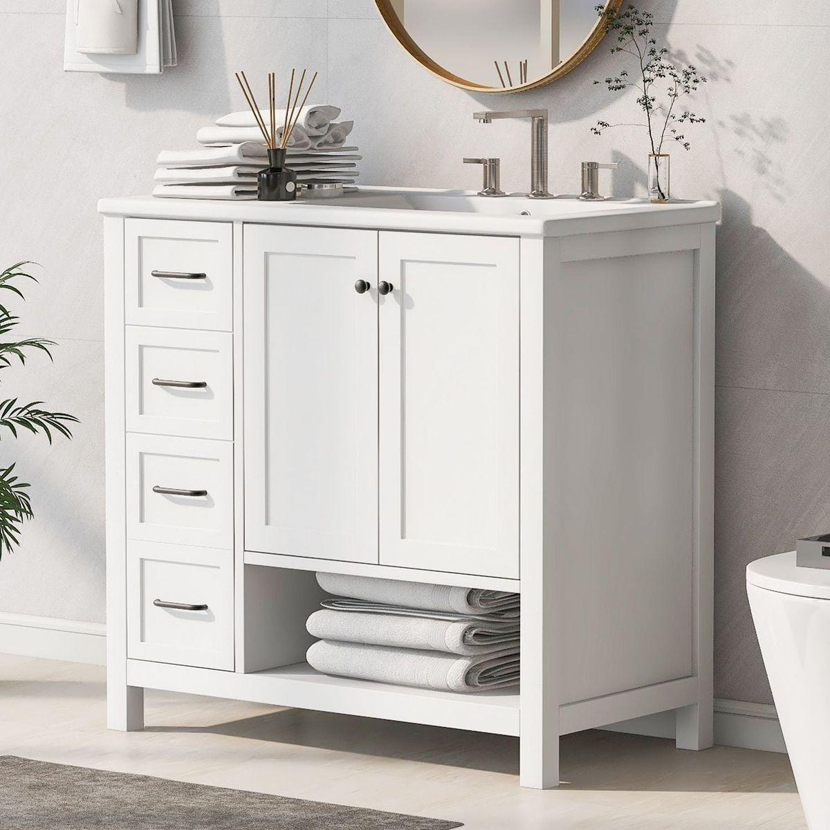 36" Bathroom Vanity with Sink Top, Bathroom Vanity Cabinet with Two Doors and Two Drawers, Solid Wood, Open shelf, MDF Boards, One Package, White