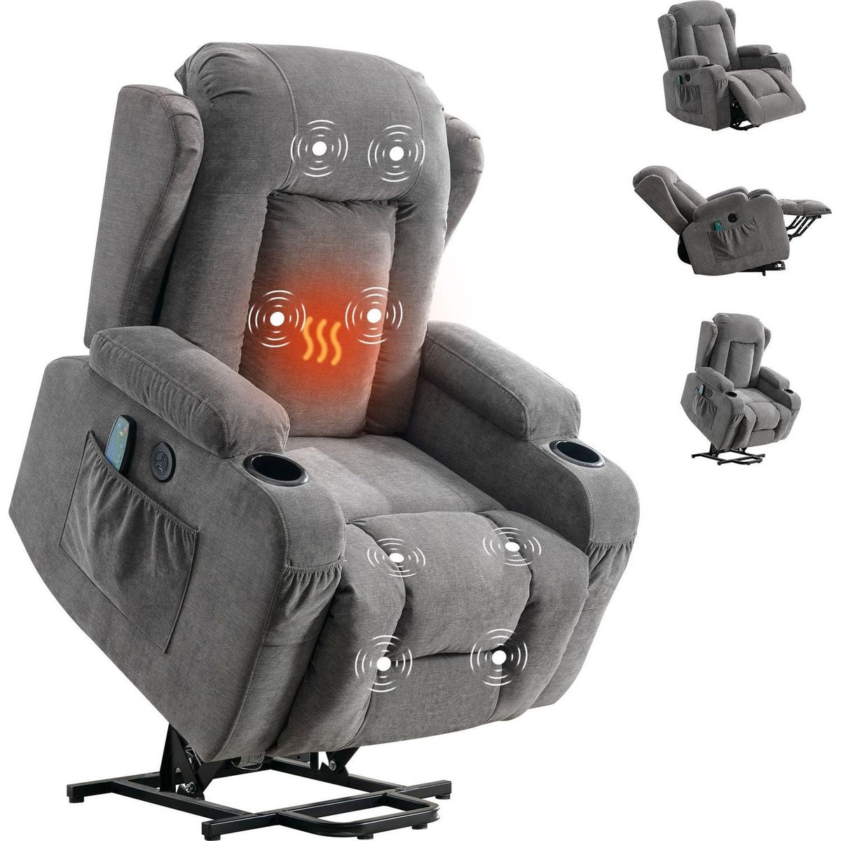 Power Lift Recliner Chair Recliners for Elderly with Heat and Massage Recliner Chair for Living Room with Infinite Position and Side Pocket,USB Charge Port(GREY)