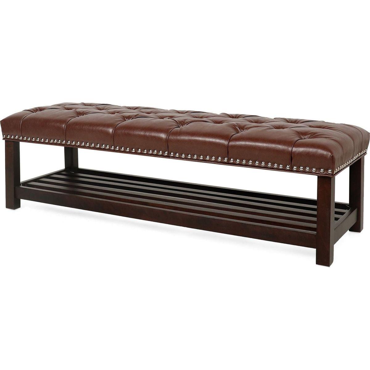 Bedroom End of Bed Bench Tufted Upholstered End of Bed Bench End of Bed Entrance Shoe Bench, 60" with Nailhead Trim and Shelf Bedroom Upholstered Leather Bench Living Room Shoe Rack Footstool (brown)