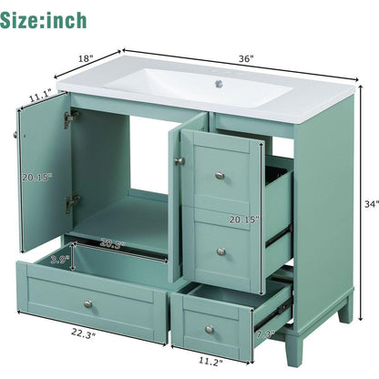 36 Inch Modern Bathroom Vanity with USB Charging, Two Doors and Three Drawers Bathroom Storage Vanity Cabinet, Small Bathroom Vanity cabinet with single sink, Green - Faucets Not Included