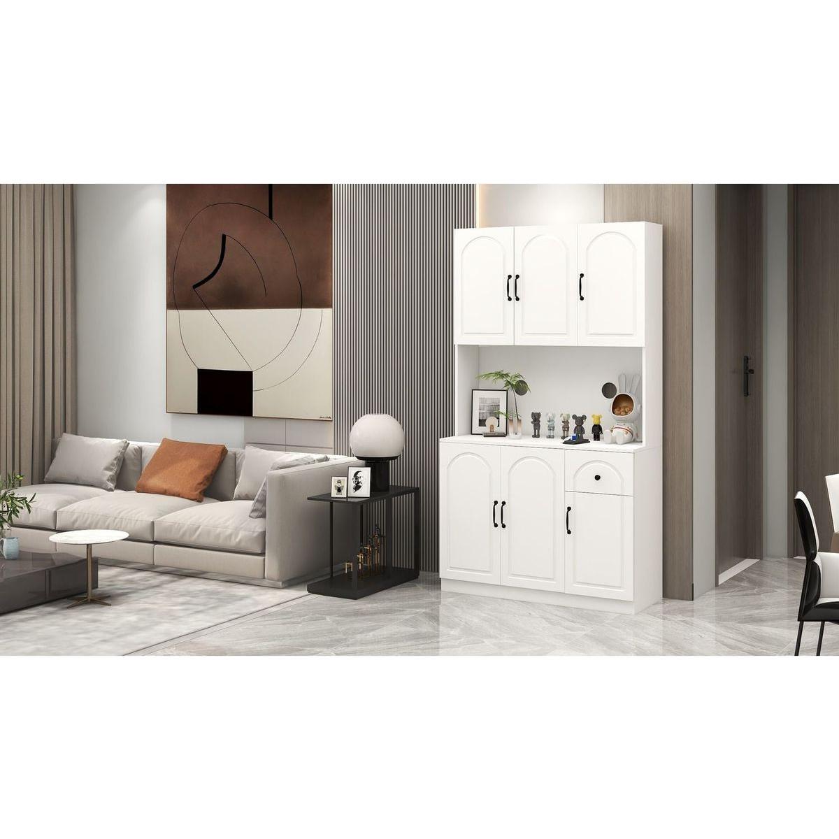 71" Kitchen Pantry Storage Cabinet with Microwave Oven Countertop, Freestanding Hutch Cabinet with Adjustable Shelves, 6 Doors and 1 Drawer-White