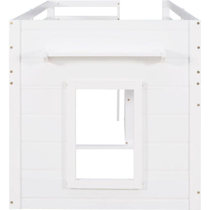 Twin Size Loft Bed with Cabinet and Shelf - White