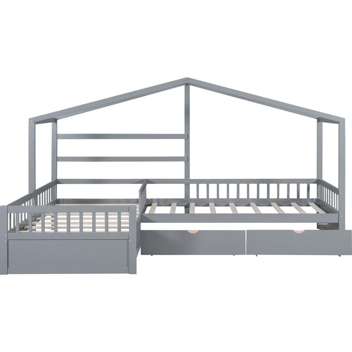 Twin Size House Platform Bed with Three Storage Drawers,Gray