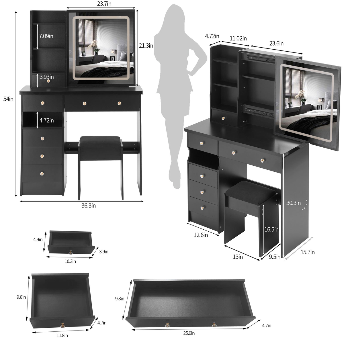 37" Middle Size Left Drawer Desktop Vanity Table + Cushioned Stool, Large Sliding, Touch Control, Tri-Color Switching, Brightness Adjust LED Mirror, 37" Middle Size Left Drawer Desktop Vanity Table + Cushioned Stool, Large Sliding, Touch Control, Tri-Color Switching, Brightness Adjust LED Mirror,