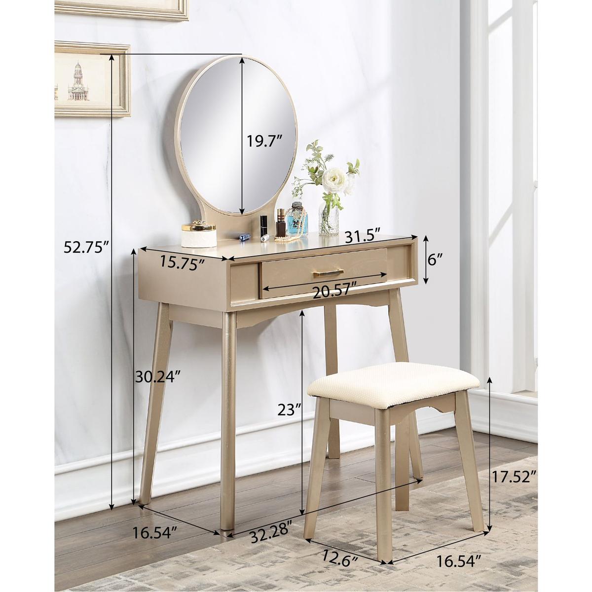 Maly Contemporary Wood Vanity and Stool Set, Gold