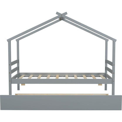 Twin Size House-shaped Bed with Trundle,Grey