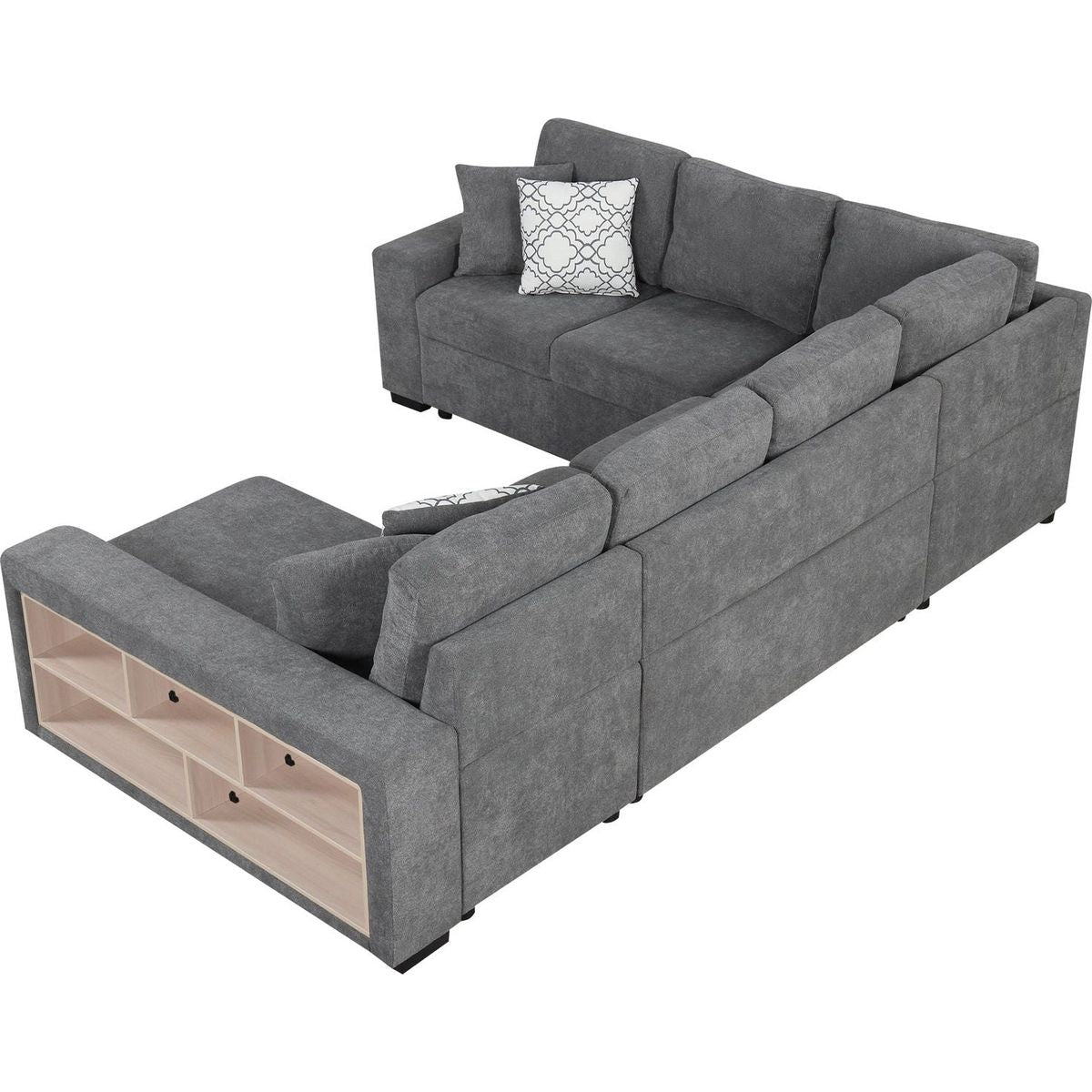 109" U-shaped Sectional Sofa Pull-out Sofa Bed with Two USB Ports, a Storage Chaise Lounge and Four Back Pillows for Living Room, Grey
