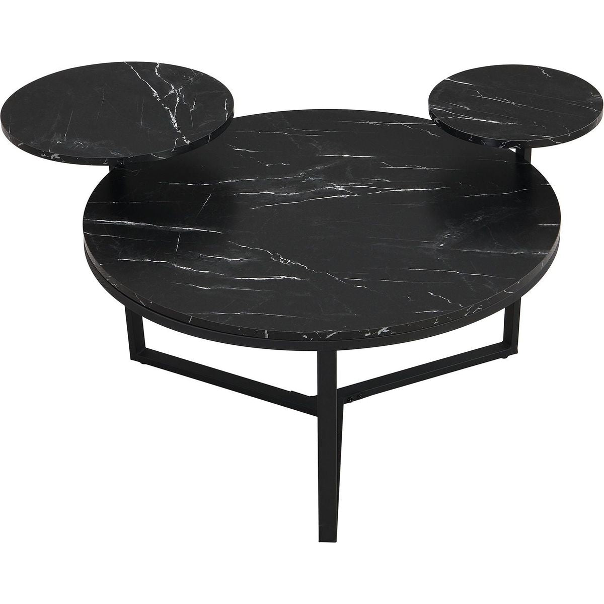 Modern coffee table with two display shelves, Black Faux marble surfaces, Tripod-inspired base,Rounded tabletop edges