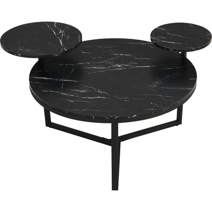 Modern coffee table with two display shelves, Black Faux marble surfaces, Tripod-inspired base,Rounded tabletop edges