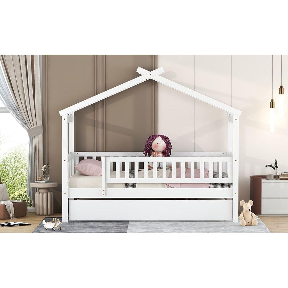 Twin Size Wooden House Bed with Twin Size Trundle, White