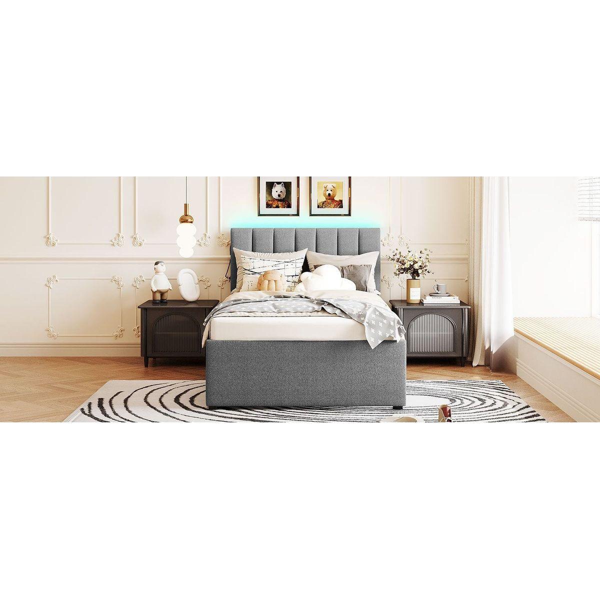Teddy Fleece Twin Size Upholstered Platform Bed with Trundle, Gray
