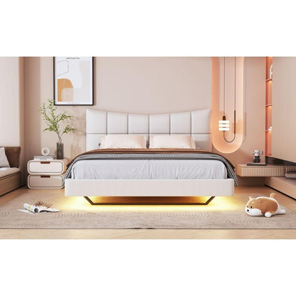 Full Size Upholstered Platform Bed with LED Lights,USB Ports and Outlets,Linen Fabric,Beige