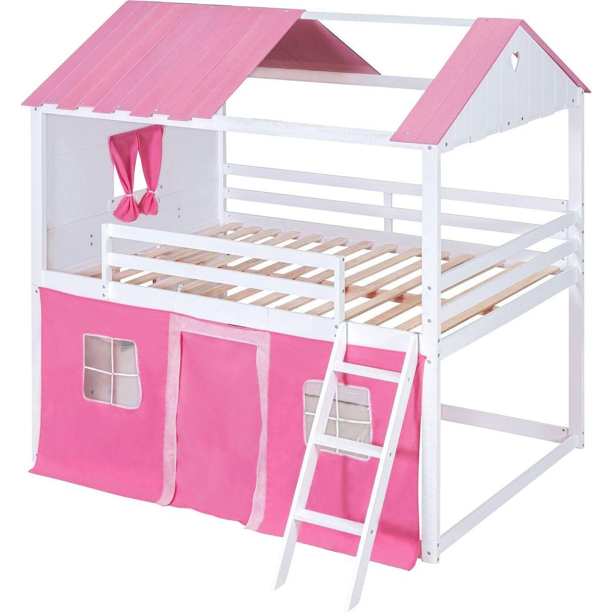 Full Size Bunk Wood House Bed with Elegant Windows, Sills and Tent, Pink+White