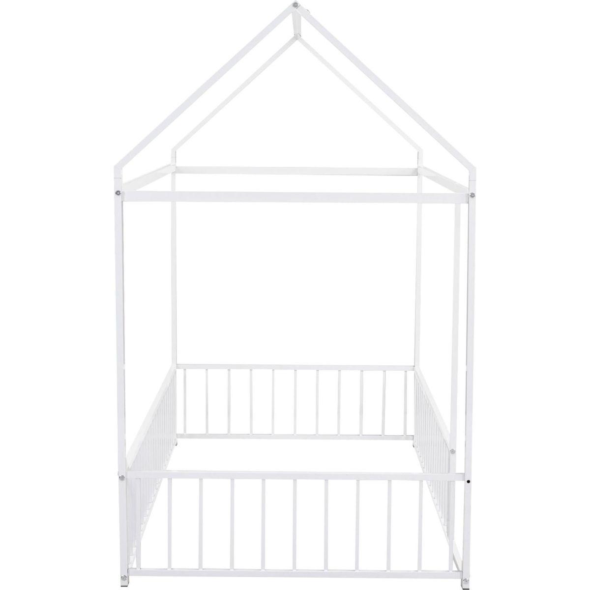 Twin Size Metal Bed House Bed Frame with Fence, for Kids, Teens, Girls, Boys, White