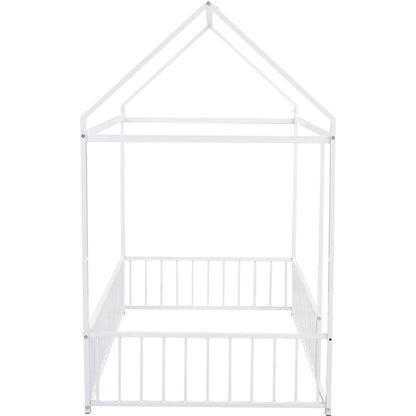 Twin Size Metal Bed House Bed Frame with Fence, for Kids, Teens, Girls, Boys, White