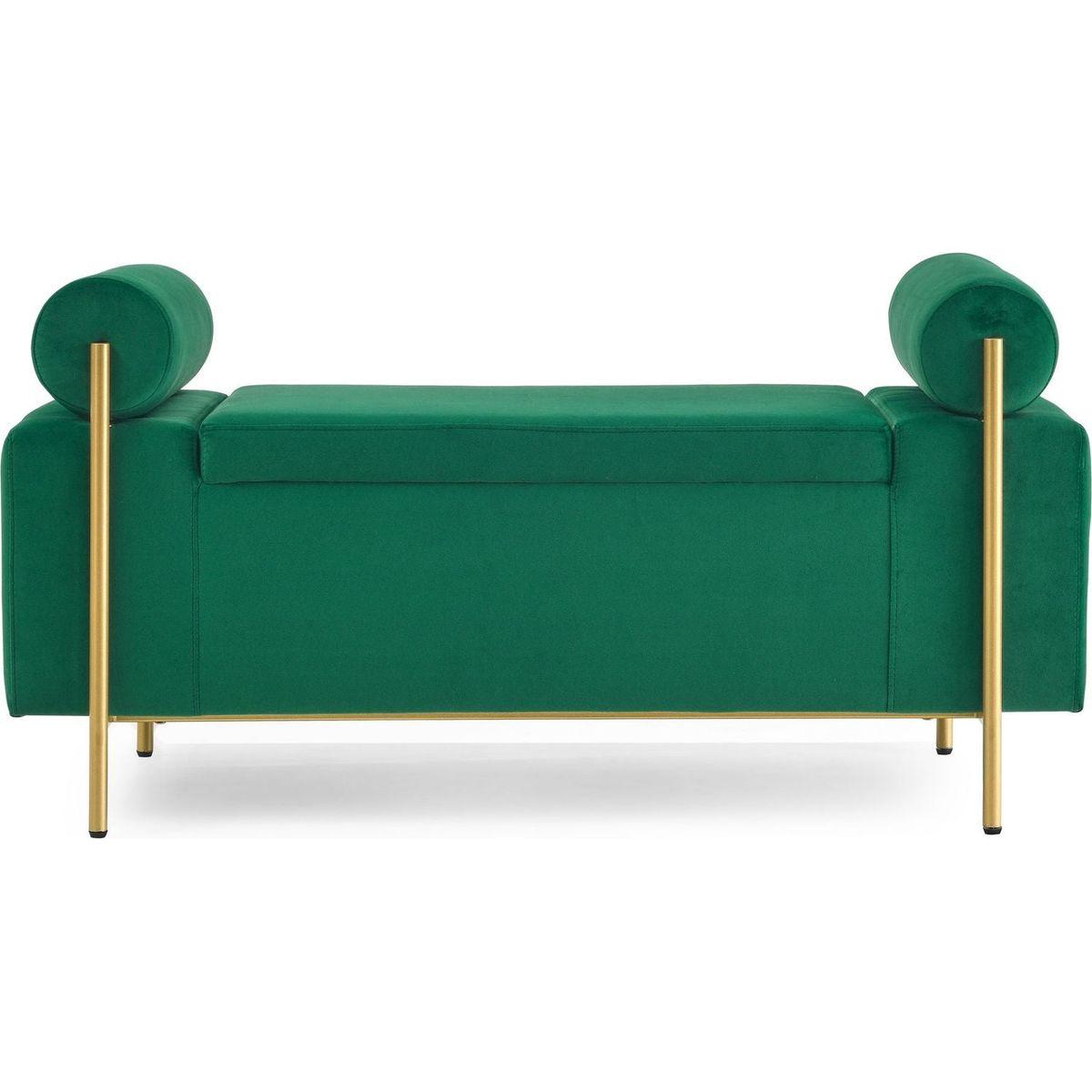 Elegant Upholstered Velvet Storage Bench with Cylindrical Arms and Iron Legs for Hallway Living Room Bedroom, Green