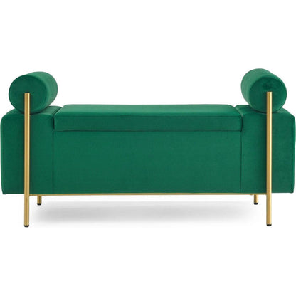 Elegant Upholstered Velvet Storage Bench with Cylindrical Arms and Iron Legs for Hallway Living Room Bedroom, Green