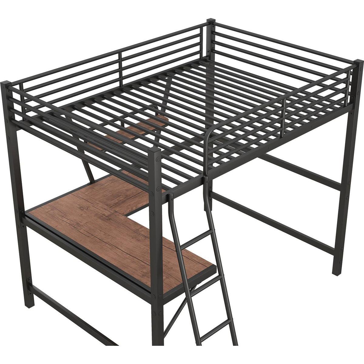 Full Size Loft Metal&MDF Bed with Desk and Shelf, Black