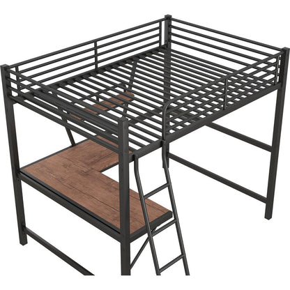 Full Size Loft Metal&MDF Bed with Desk and Shelf, Black