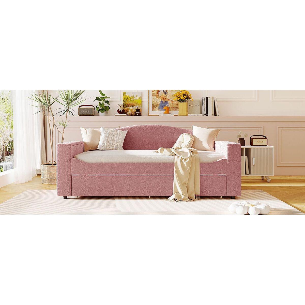 Twin Size Upholstered Daybed with Storage Armrests, Trundle and Latest Integrated Bluetooth Audio System, Teddy Fleece, Pink