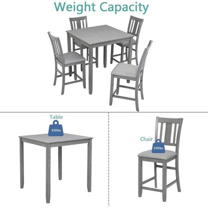 5 Piece Dining Table Set, Wooden Dining Square Table Set for 4, Counter Height Kitchen Table Set with Square Table and 4 Upholstered Chairs for Small Space, Gray - Streamdale Furniture
