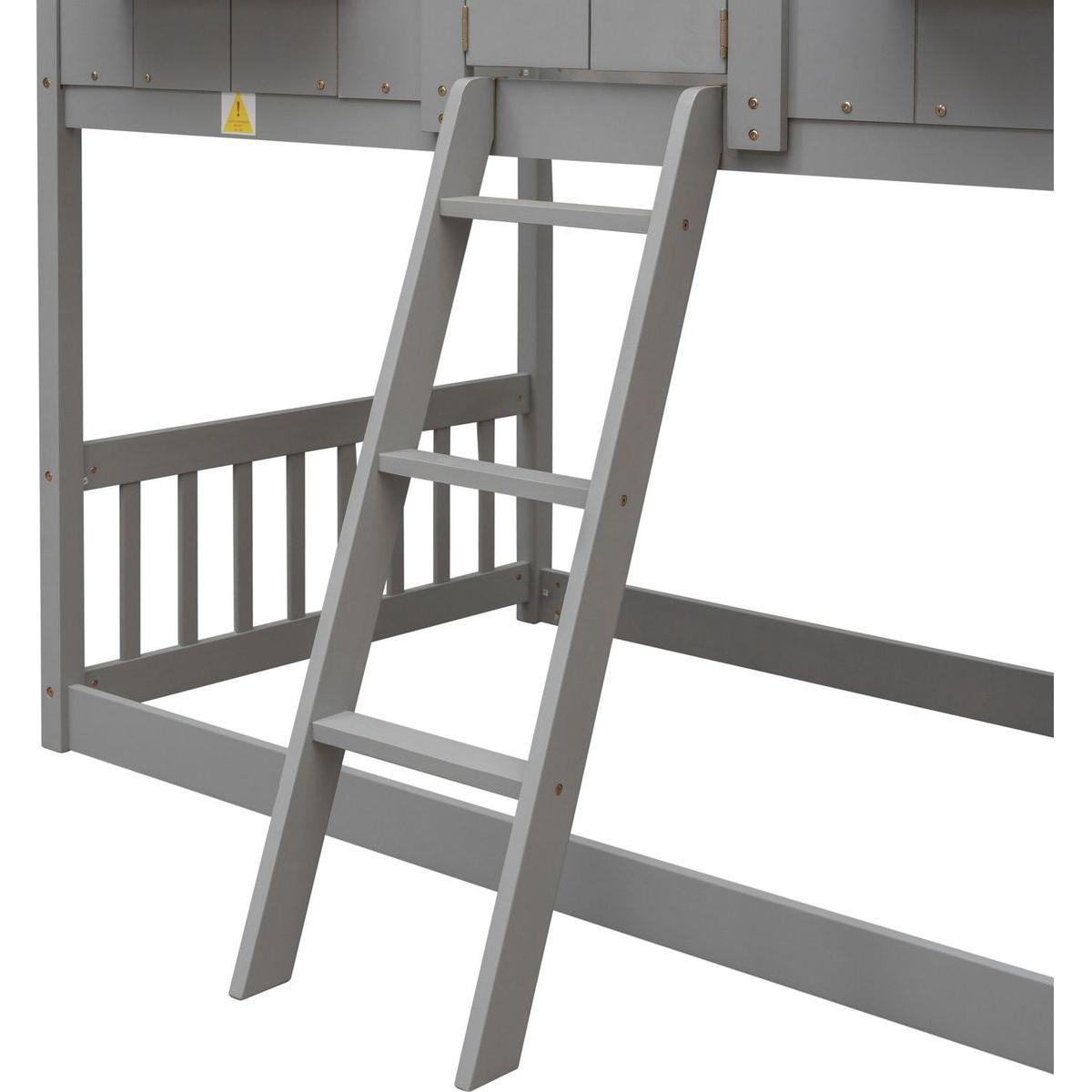 Twin over Twin House Bunk Bed with Roof, Window, Window Box, Door, with Safety Guardrails and Ladder, Grey