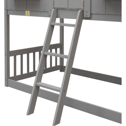 Twin over Twin House Bunk Bed with Roof, Window, Window Box, Door, with Safety Guardrails and Ladder, Grey