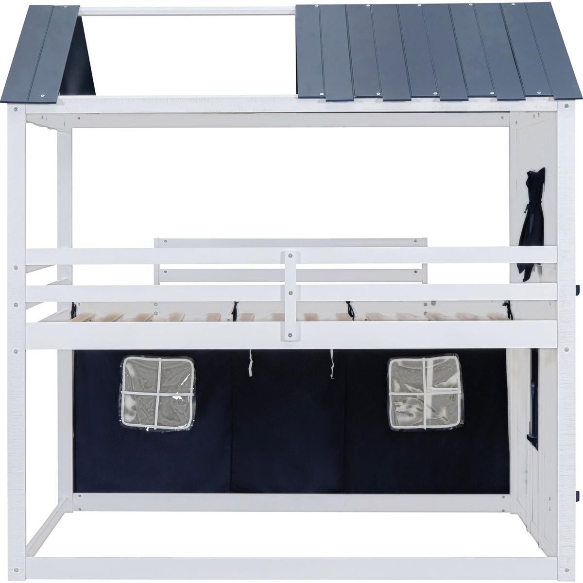 Full Size Bunk Wood House Bed with Elegant Windows, Sills and Tent, Blue+White