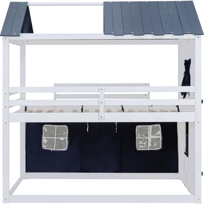 Full Size Bunk Wood House Bed with Elegant Windows, Sills and Tent, Blue+White
