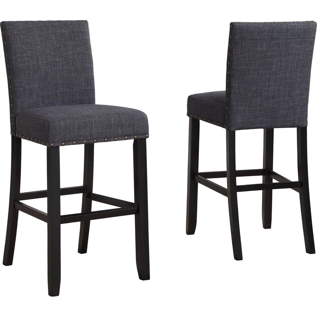 Biony Fabric Bar Stools with Nailhead Trim, Set of 2, Grey