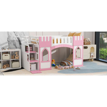 Twin Size Loft Bed with Storage Staircase and Window, Pink