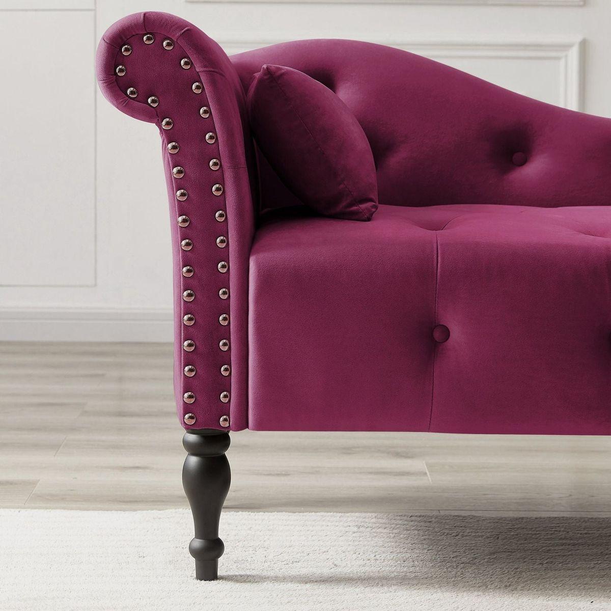 60.6" Velvet Chaise Lounge Buttons Tufted Nailhead Trimmed Solid Wood Legs with 1 Pillow,Burgundy (Left Arm Design as Shown in the Picture) - Streamdale Furniture