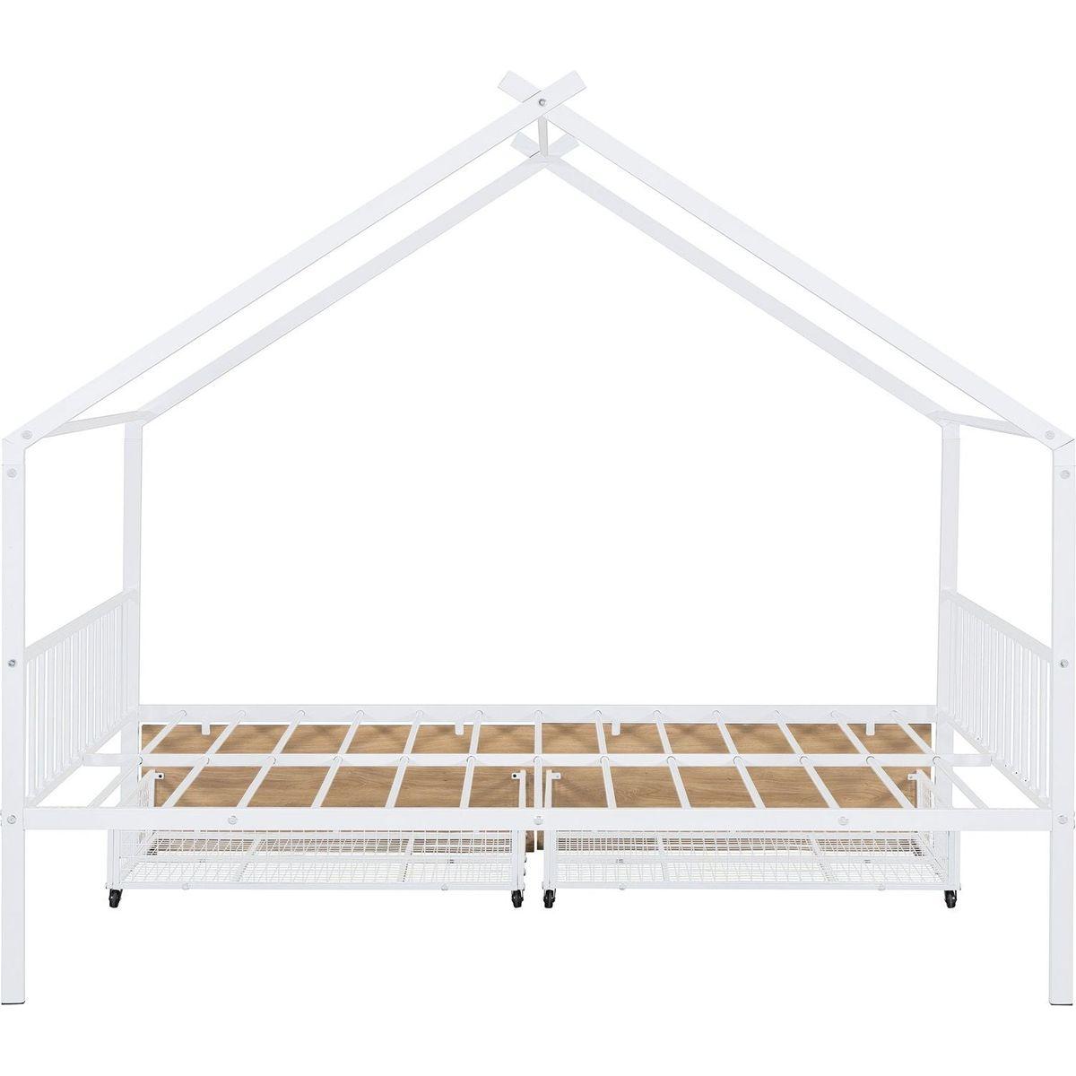 Full Size Metal House Bed with Two Drawers, White