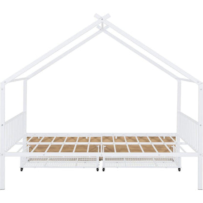 Full Size Metal House Bed with Two Drawers, White