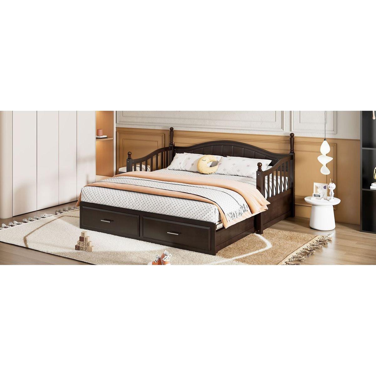 Wooden Twin Size Daybed with Twin Size Trundle, Extendable Daybed with Two Storage Drawers, Espresso