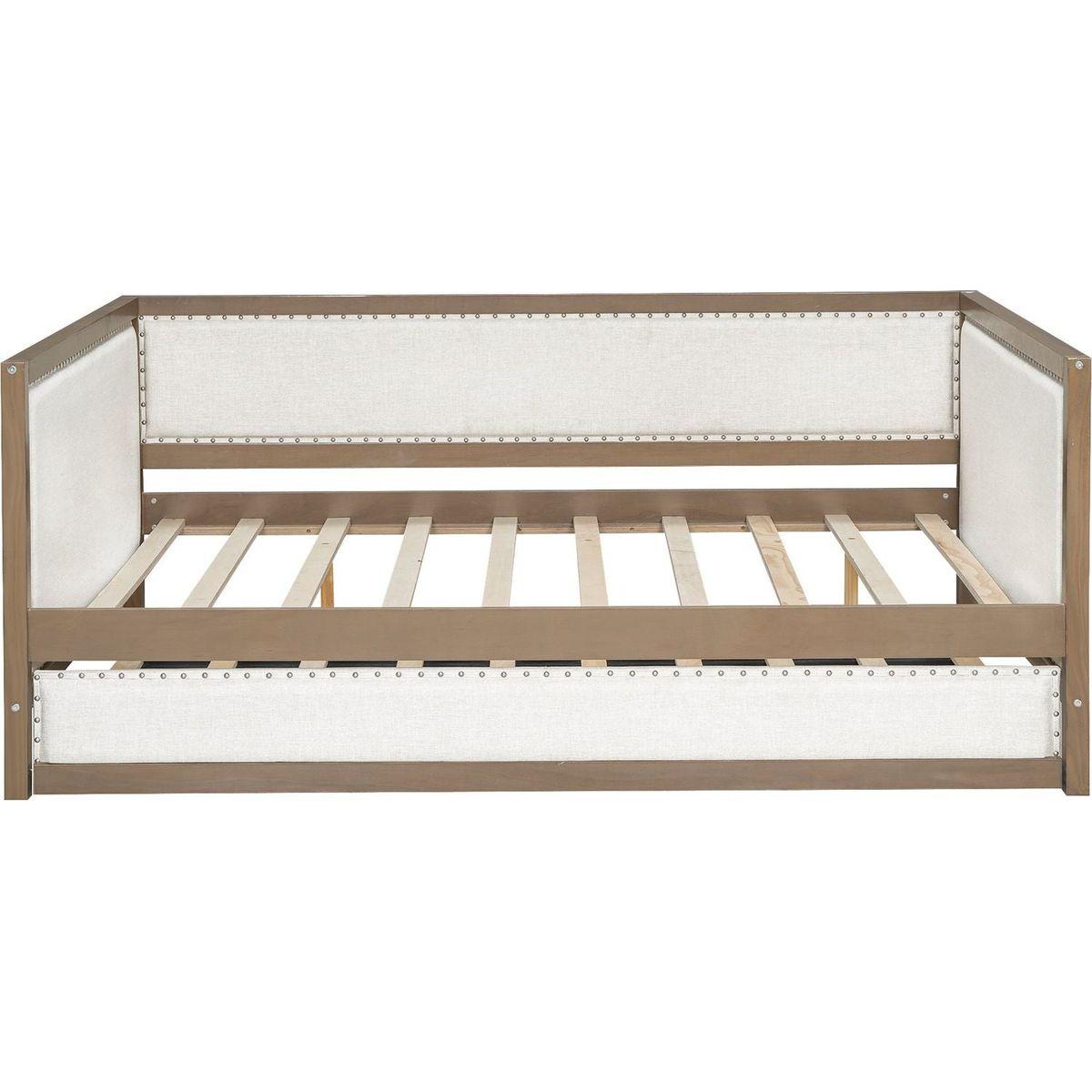 Full Size Upholstered Daybed with Trundle and Nailhead Decoration, Wood Color