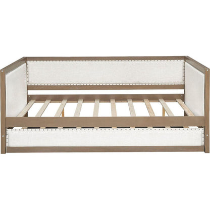 Full Size Upholstered Daybed with Trundle and Nailhead Decoration, Wood Color