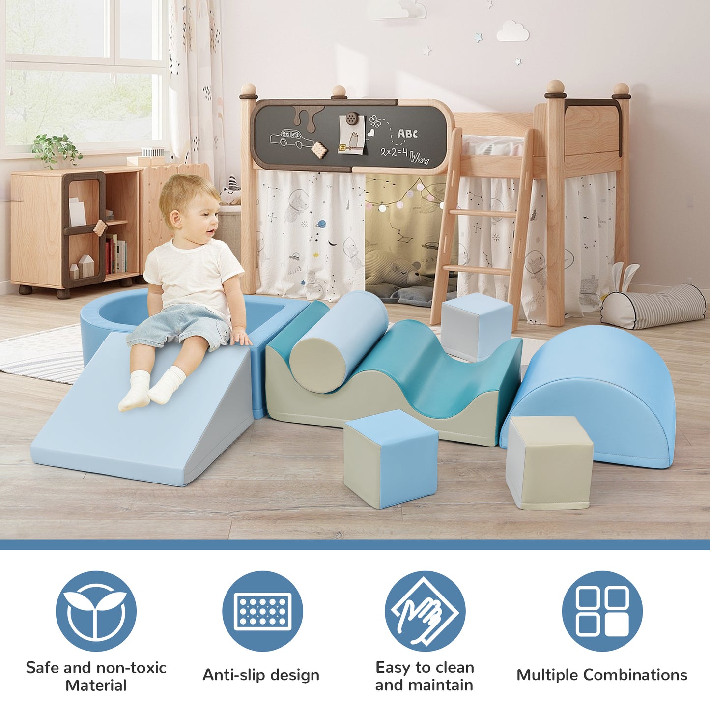 Soft Climb and Crawl Foam Playset 8 in 1, Safe Soft Foam Nugget Block for Infants, Preschools, Toddlers, Kids Crawling and Climbing Indoor Active Play Structure