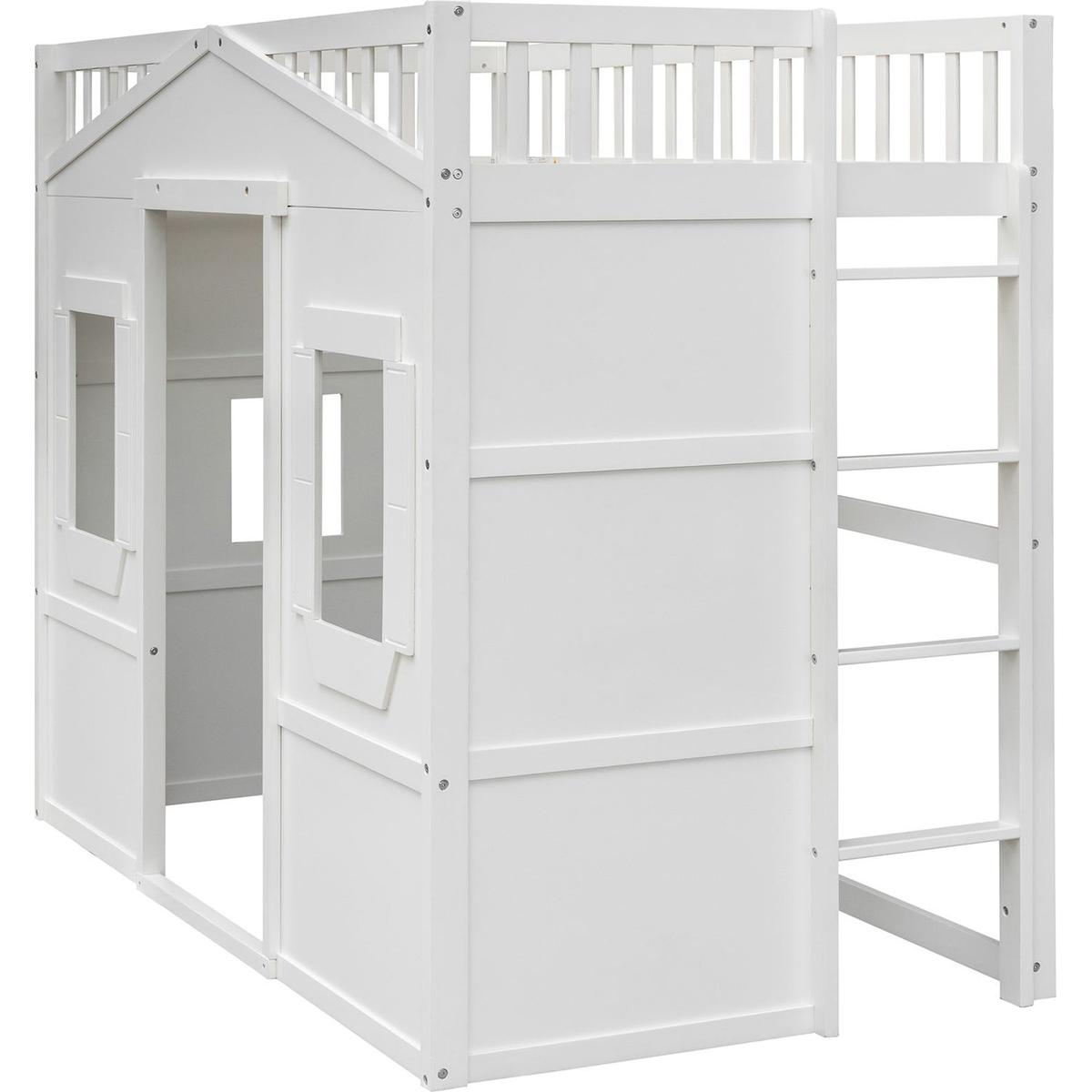 Twin Size House Loft Bed With Ladder-White