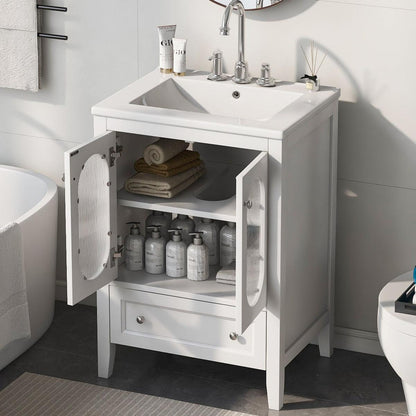 24" Bathroom Vanity with Sink, Bathroom Vanity Cabinet with One Drawer and Doors, Adjustable Shelf, Solid Wood and MDF, White