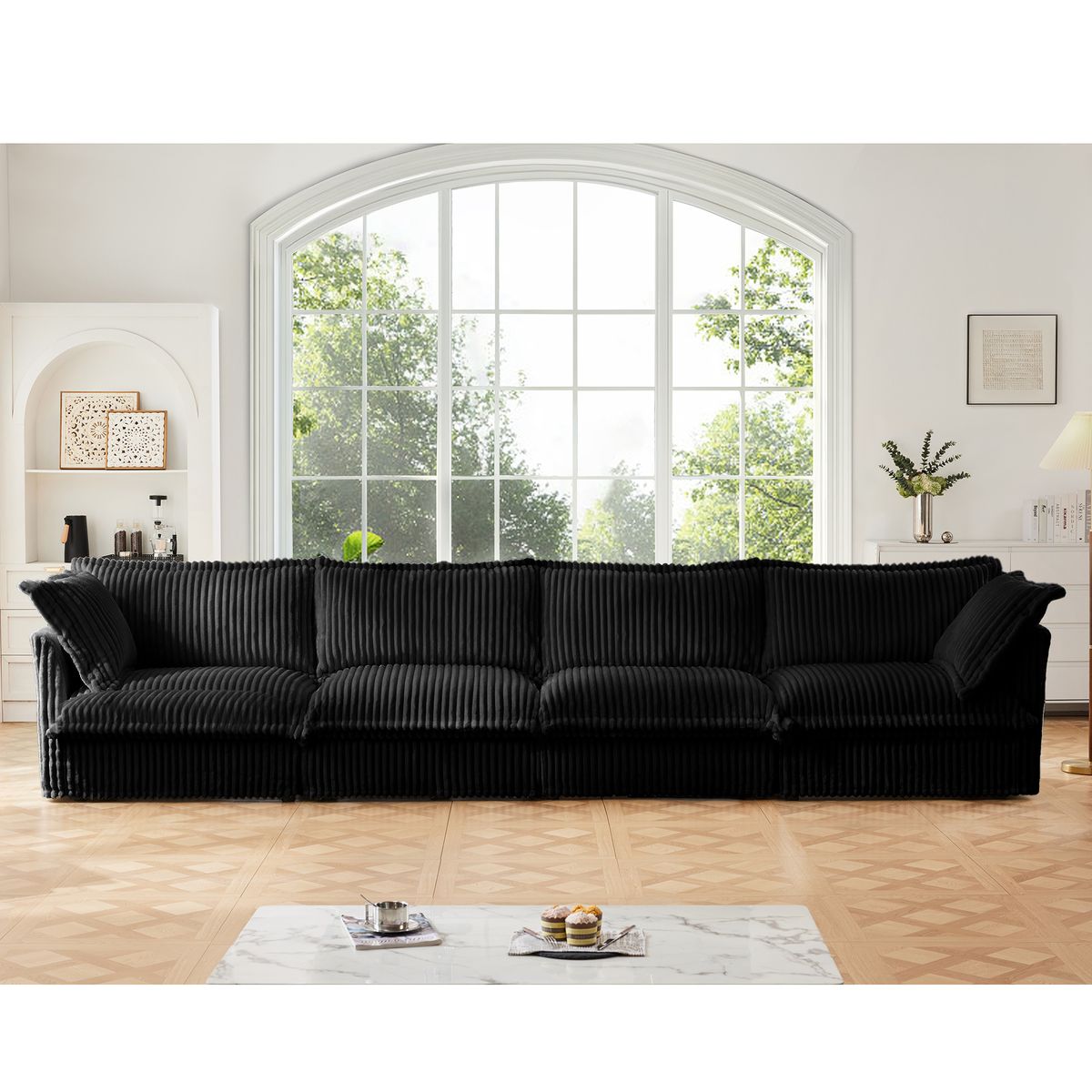 Slipcovered Long Sofa, 4 Seater Sofa with Removable Cover, Extra Deep Couch for Living Room, Corduroy Fabric Cloud Like Comfy Sofa Couch, Black Corduroy Fabric